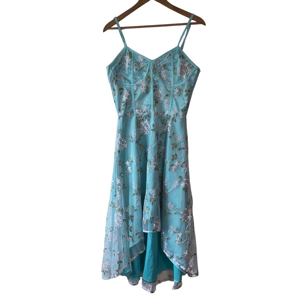 Aqua Floral Embroidered‎ Midi Dress S Fairy Whimsical Coquette Feminine Ethereal